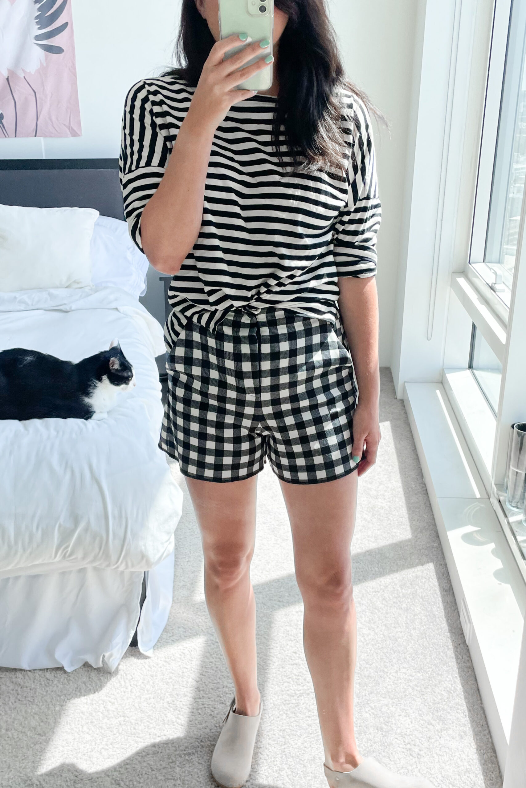 Colorfully Classic - Mary wears a Tradlands striped shirt, Etsy vintage gingham shorts, Bryr clogs